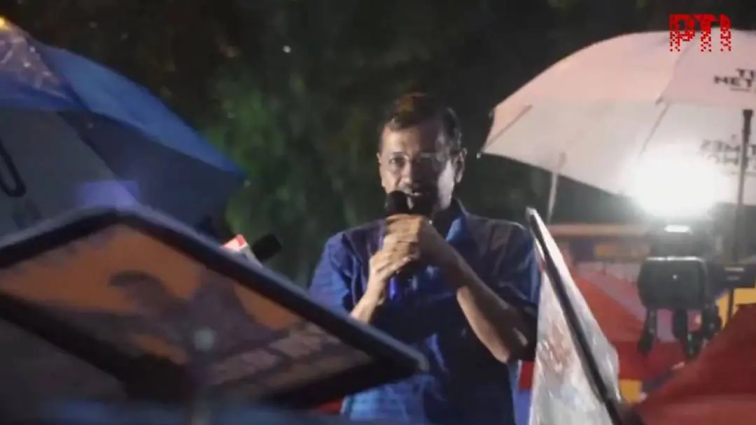 Arvind Kejriwal addresses the gathering after being released from jail. | Photo: PTI/X