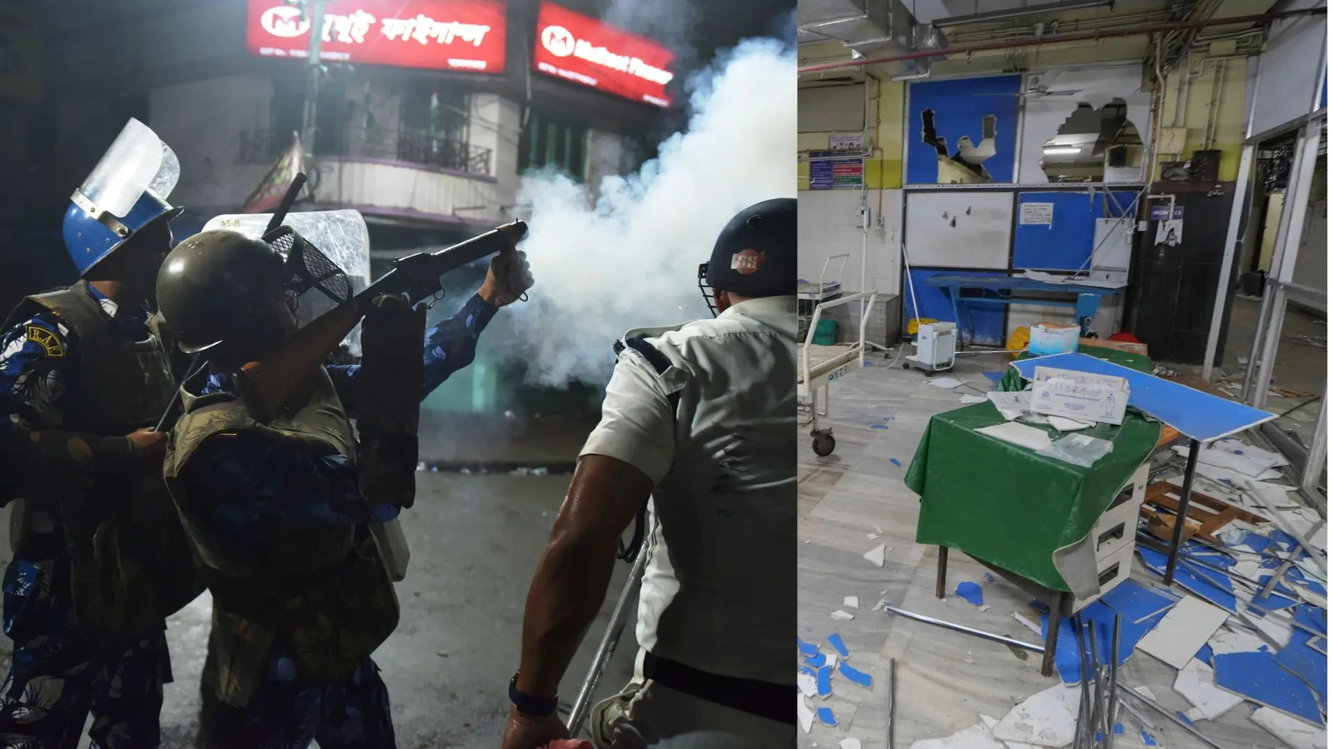 Police use tear gas during a protest, A ward of the RG Kar Medical College and Hospital after being vandalised by unidentified miscreants amid protests | Photo: PTI