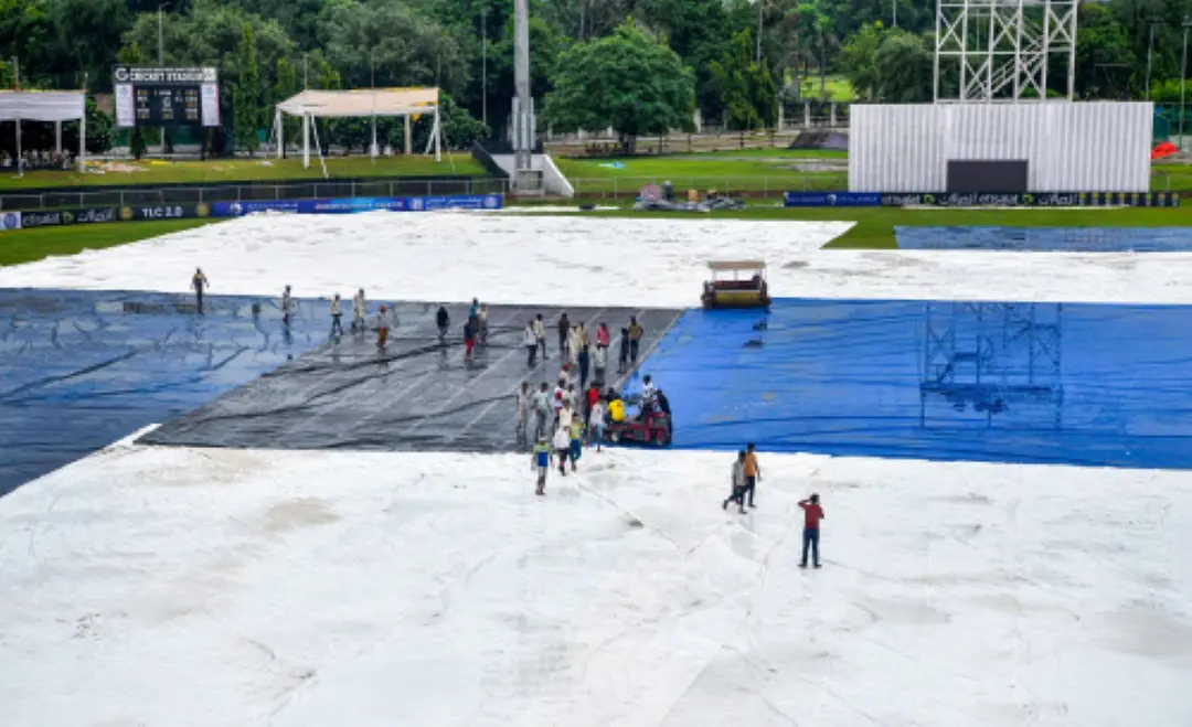A view of the covered Shaheed Vijay Singh Pathik Sports Complex ground amid persistent rains resulting in a washout of the one-off test between New Zealand and Afghanistan. | Photo: ANI