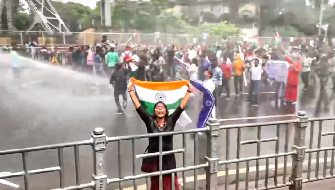 A water cannon being used by security personnel to disperse agitators during the 'Nabanna Abhijan' rally protest against the alleged sexual assault and murder of a trainee doctor | Photo: Screengrab PTI
