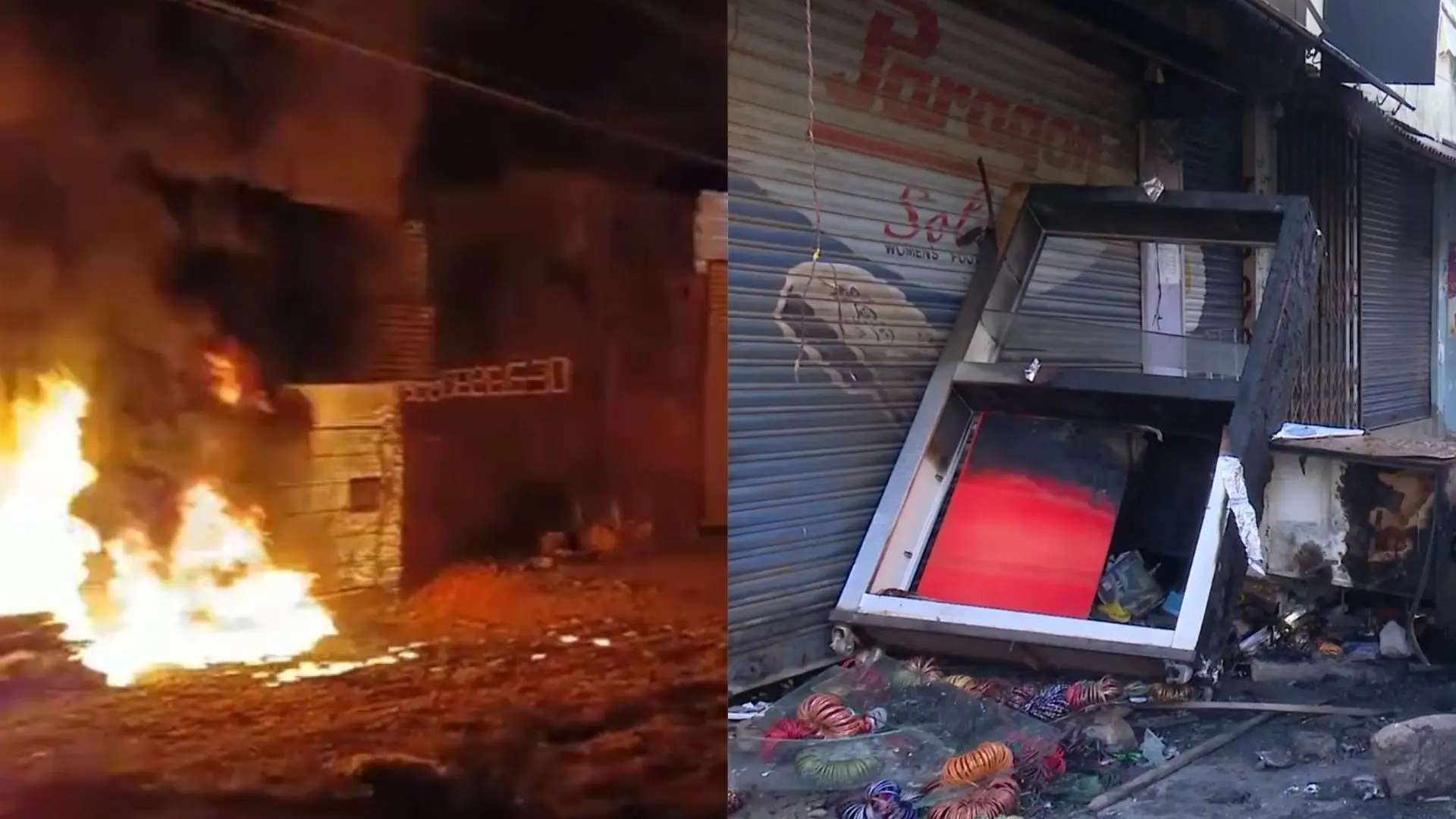Fire caused by petrol bombs, Charred remains of goods at a market following clashes between two groups during a Ganesh Chaturthi procession, at Nagamangala in Mandya | Photo: Screengrab X, PTI