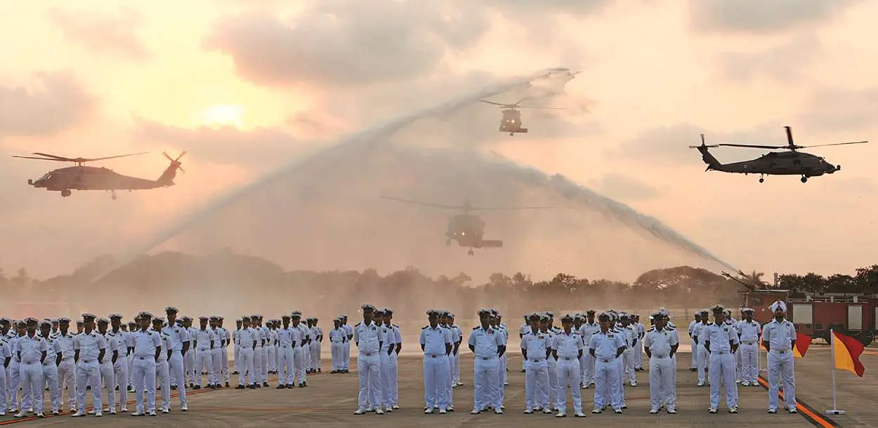 A water salute being given to the newly commissioned squadron of MH 60 Romeo Seahawk Helicopters at the Naval base in Kochi | Photo: Mathrubhumi