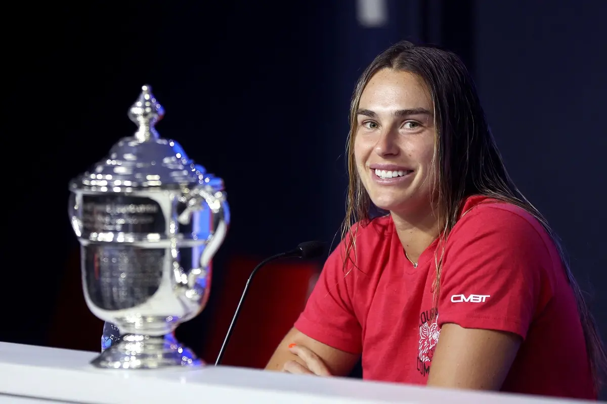 Aryna Sabalenka of Belarus speaks to the press after defeating Jessica Pegula of the United States to win the Women's Singles Final on Day Thirteen of the 2024 US Open | Photo: AFP