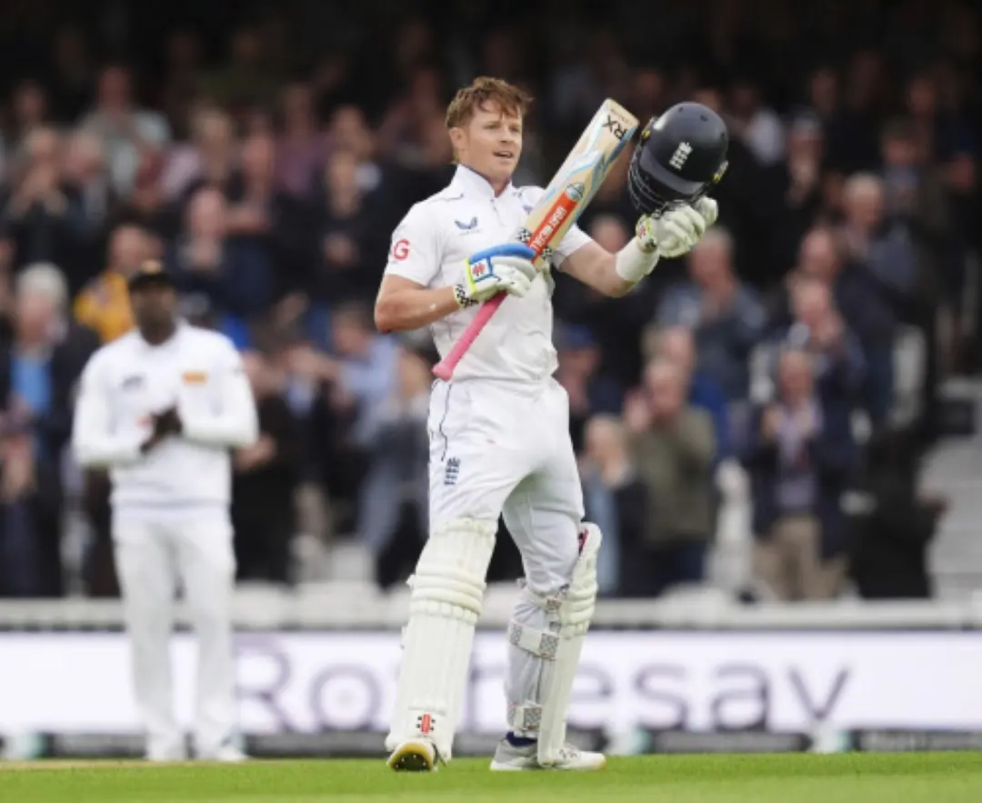 England's Ollie Pope celebrates reaching his century during day one of the Third Men's Test between England and Sri Lanka at The Oval in London. | Photo: AP/PTI