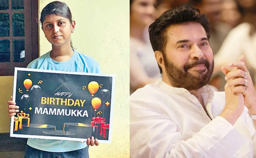 Manjima holding a poster wishing Mammootty happy birthday, Mammootty | Photo: Mathrubhumi, Mammootty Kampany