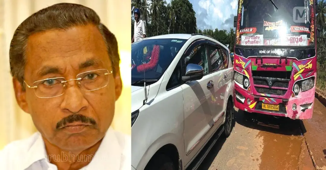 P. Mohanan (L) and private bus that collided with the car carrying P. Mohanan (R)