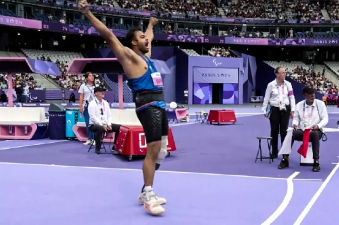 India's Sumit Antil celebrates his victory in the Men's Javelin F64 final at the Paris Paralympics 2024, in Paris on Monday. | Photo: ANI