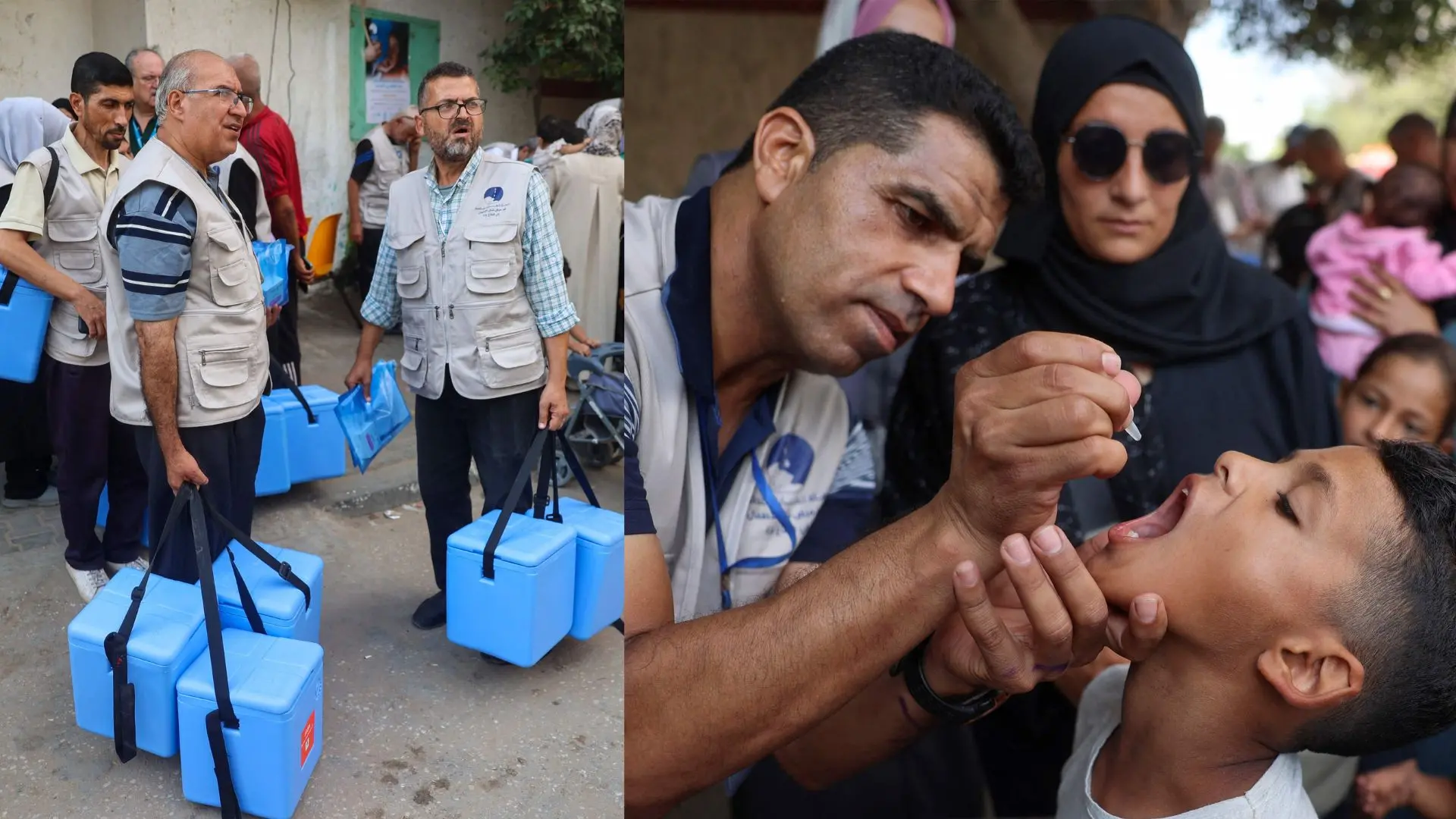 Health workers carry containers filled with Polio vaccines, A health worker administers the Polio vaccine to a Palestinian child