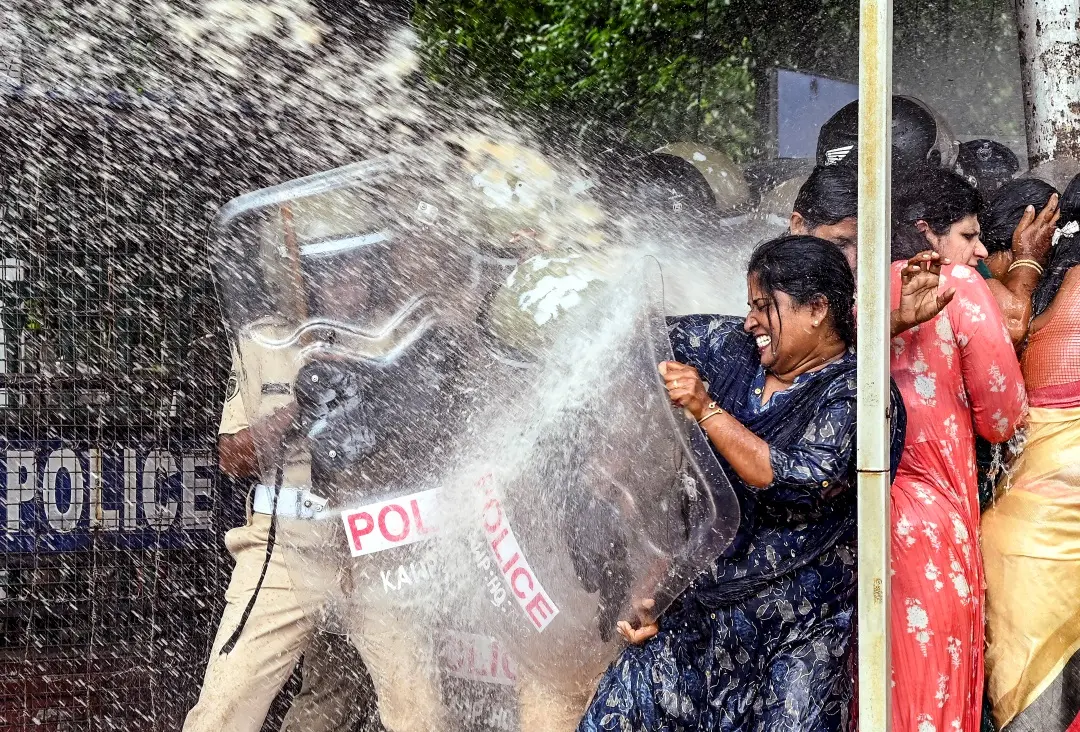 Water cannon being used by the police to disperse Mahila Congress workers protesting against actors accused of sexual assault in Kochi on Friday | Photo: PTI