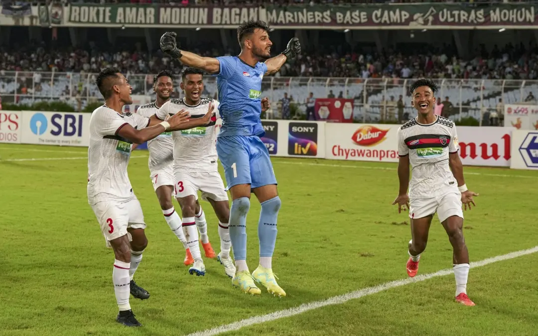 NorthEast United FC players celebrate after winning the Durand Cup 2024 final between Mohun Bagan Super Giant and NorthEast United FC | Photo: PTI
