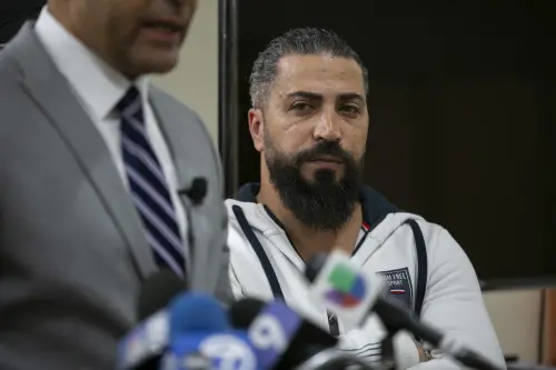 Oday Al-Fayoume, father of Wadea Al-Fayoume, 6, attends a news conference at the Muslim Community Center on Chicago's Northwest Side, Sunday, Oct. 15, 2023. Authorities say a 71-year-old Illinois man has been charged with a hate crime, accused of fatally stabbing a 6-year-old boy and seriously wounding a 32-year-old woman, in Plainfield Township, because of their Islamic faith and the Israel-Hamas war. The Council on American-Islamic Relations identified the victims as Wadea Al-Fayoume and his mother. (Jim Vondruska/Chicago Sun-Times via AP)