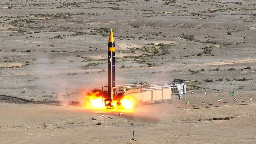 File photo shows the testing of the fourth generation Khorramshahr ballistic missile, named Khaibar, at an undisclosed location.