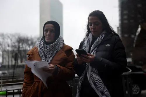 Palestinian activists hold a press conference outside of the United Nations (UN) to comment on the announcement by the UN's top court that it has ordered Israel to prevent genocide against Palestinians in Gaza. (Photo: AFP)