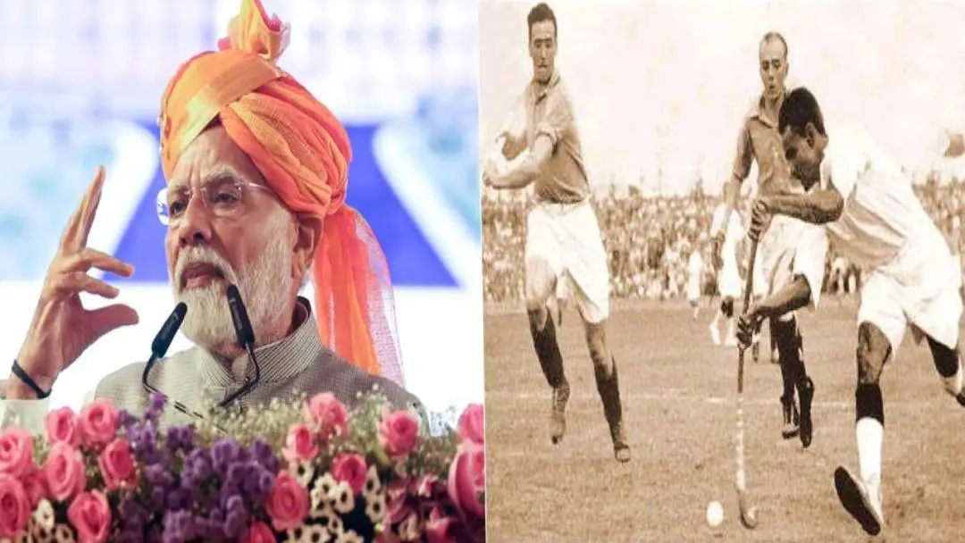From (L) Modi; Dhyan Chand guiding the ball on the hockey filed. (Archives) | Photo: Agencies