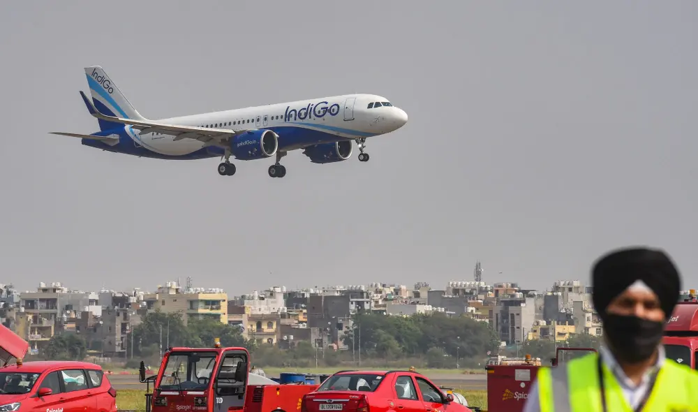 File photo shows an Indigo aircraft approaches to land at Indira Gandhi International Airport