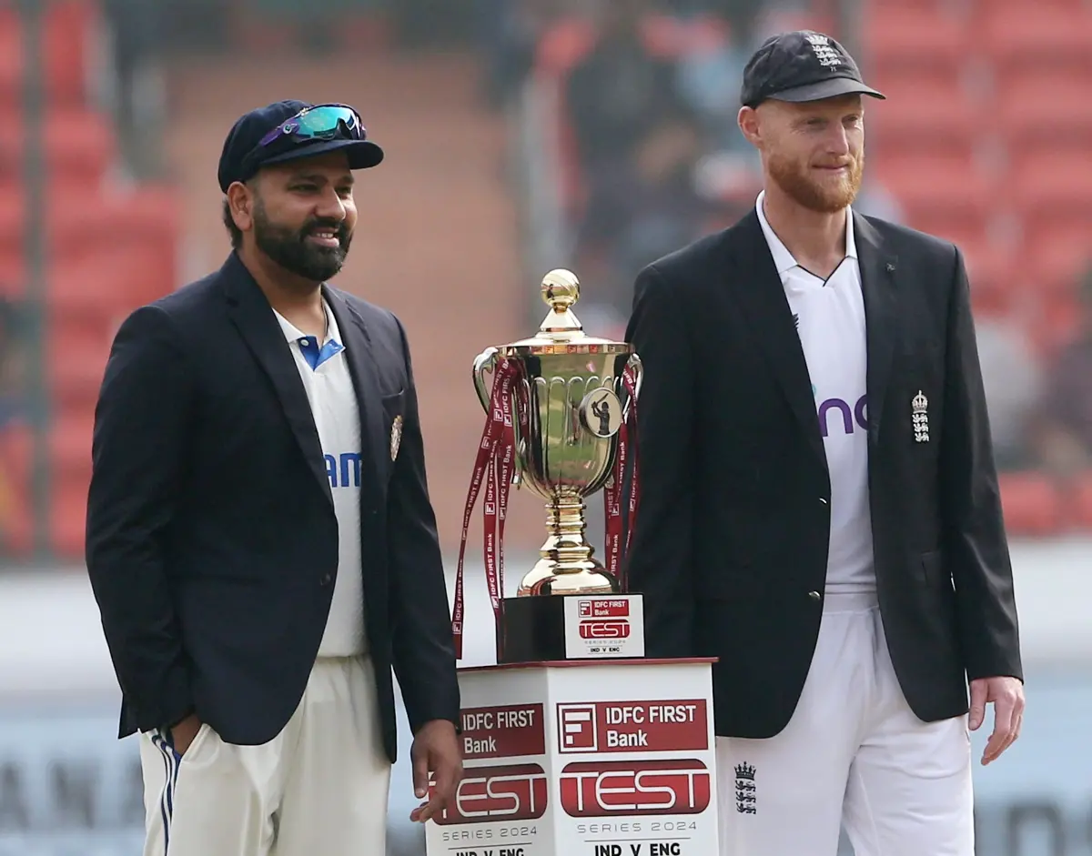 Rohit Sharma and Ben Stokes pose for a picture with the England tour of India, 2024 trophy | Filephoto: ANI