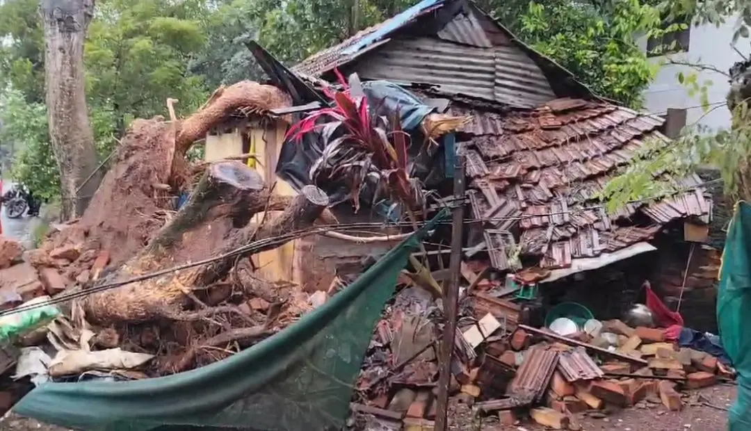 The partially collapsed house in Kottayam