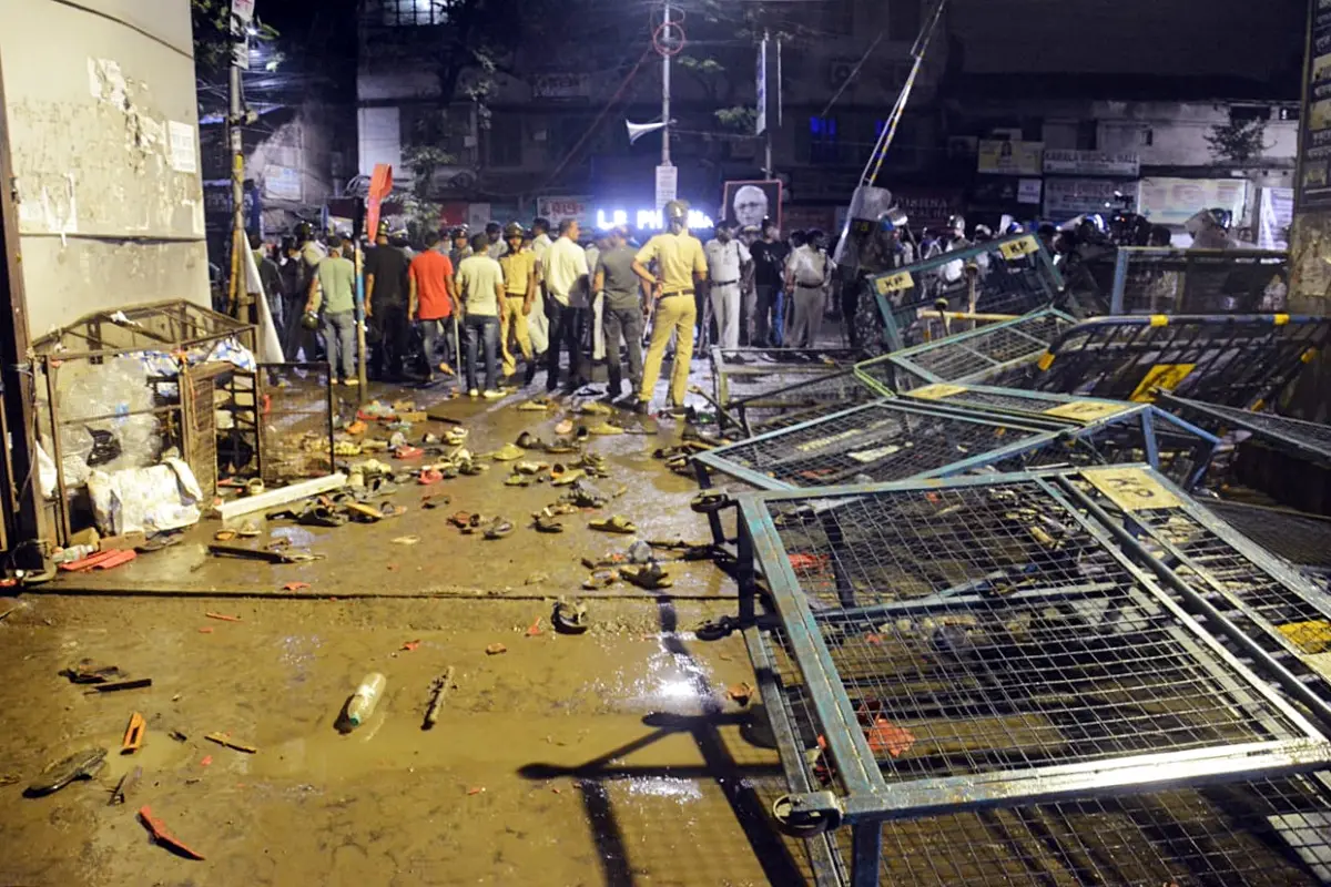Police personnel at the site after a mob vandalises portions of RG Kar Hospital during a protest | Photo: ANI