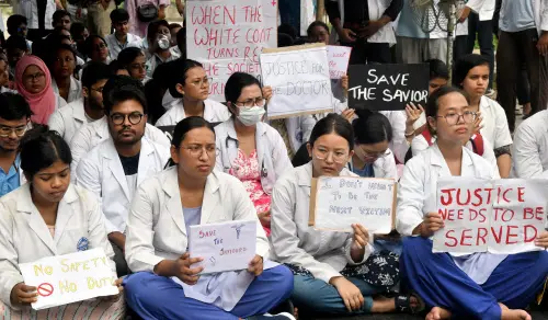 Resident doctors and medical students stage a protest against the sexual assault and murder of a postgraduate trainee doctor in Kolkata