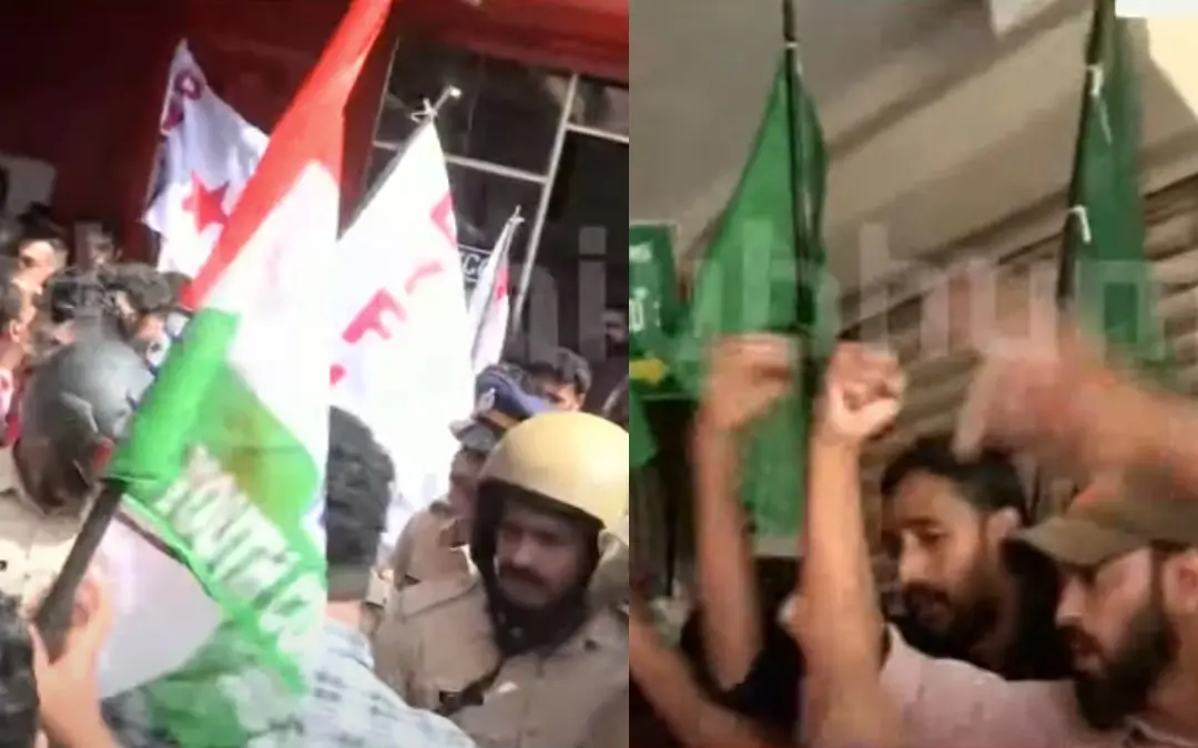 Activists of various youth organisations staging protest in front of the Gramin Bank in Kalpetta | Photo: Screen grab/ Mathrubhumi News