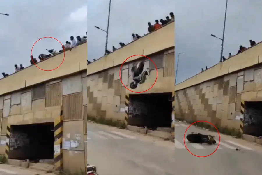 Reels gone wrong: Angry mob throws stunt riders' bikes from flyover | WATCH