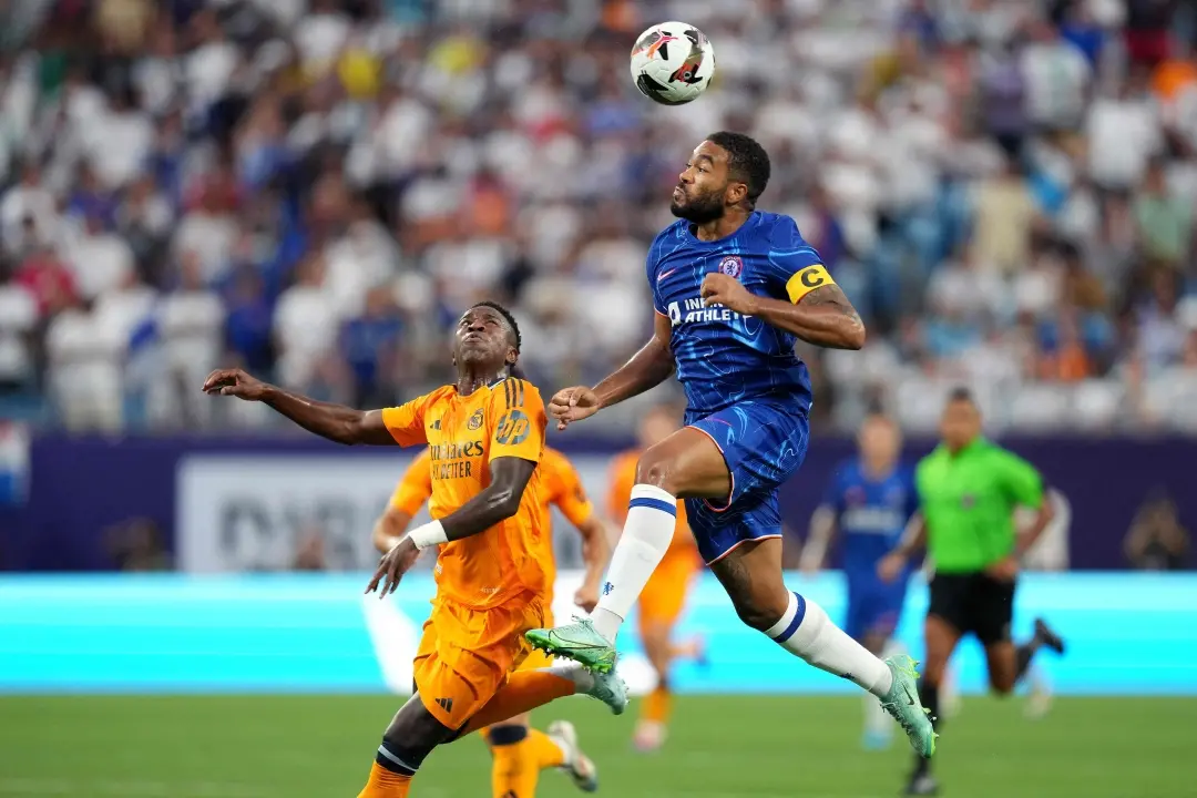 Reece James of Chelsea heads a ball away from Vinícius Júnior of Real Madrid during a pre-season friendly match against Chelsea at Bank of America Stadium in Charlotte, North Carolina. | File Photo: AFP