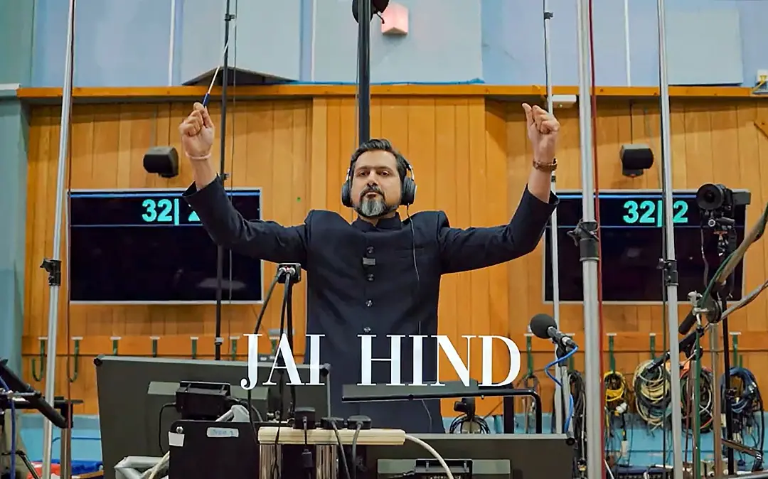 Grammy Award winner musician Ricky Kej conducts a 100-piece British orchestra from the Royal Philharmonic Orchestra to perform India's national anthem at the Abbey Road Studios, London.