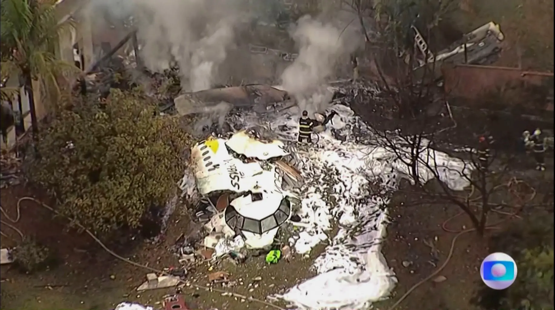 Aerial view of the wreckage of an airplane that crashed with 61 people on board in Vinhedo, Sao Paulo State, Brazil