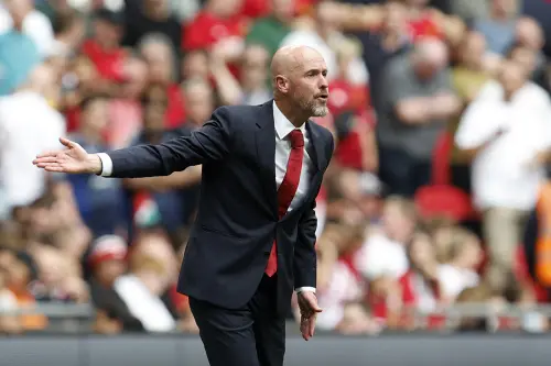 Manchester United's head coach Erik ten Hag gestures during the FA Community Shield soccer match between Manchester City and Manchester United at Wembley Stadium in London on Saturday. | Photo: AP