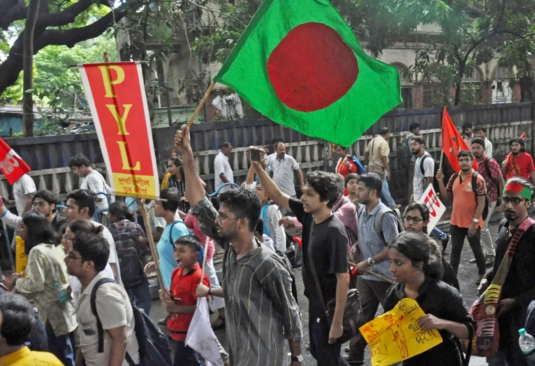 Members of the PYL and PDSU stage a protest against the death of students following their demonstration against the quota system in Bangladesh