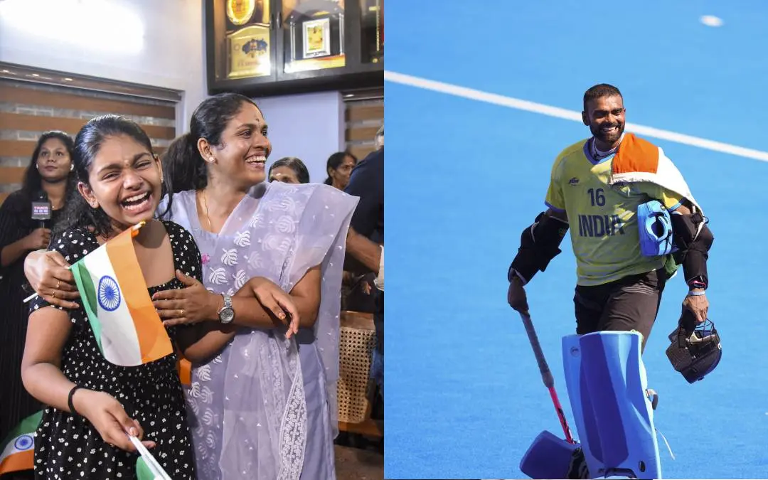 From (L) Aneeshya and Anusree celebrating at home; Sreejesh in Paris | PTI
