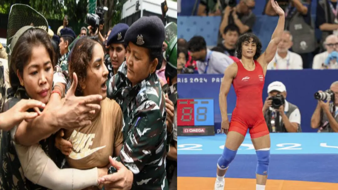 From (L) Indian wrestler Vinesh Phogat being detained by the police; Phogat in Paris | Photo: Agencies