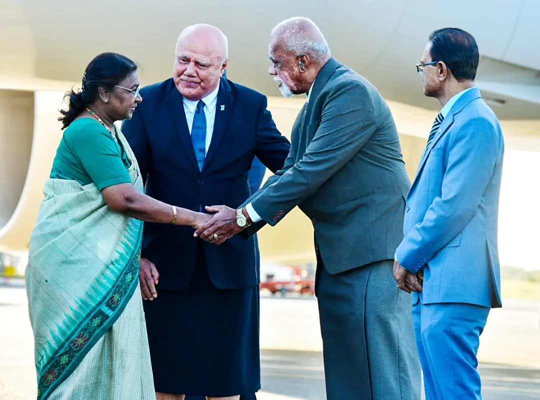 President Droupadi Murmu arrives at Nadi airport, in the Republic of Fiji on Monday