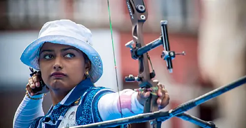 Indian Archer Deepika Kumari in action during the Women's Individual Archery event against Germany's Michelle Kroppen at the Olympic Games Paris 2024, in Paris on Saturday. | ANI Photo