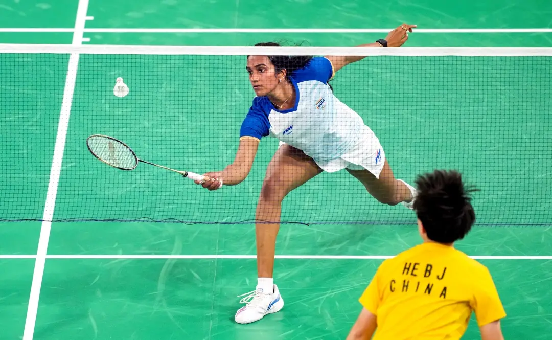 PV Sindhu during a Women's Singles round of 16 badminton match against He Bing Jiao at the Paris 2024 Summer Olympics | Photo: PTI
