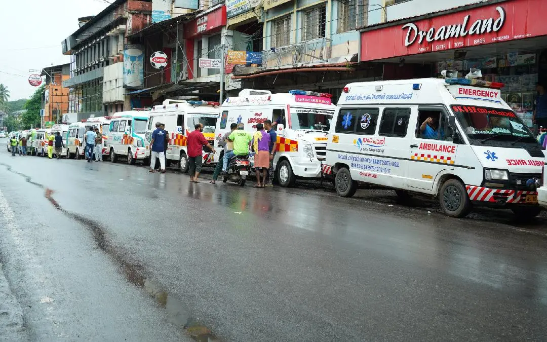 Ambulances parked near District Hospital, Nilambur ready to leave for Wayanad with dead bodies | Photo: PRD
