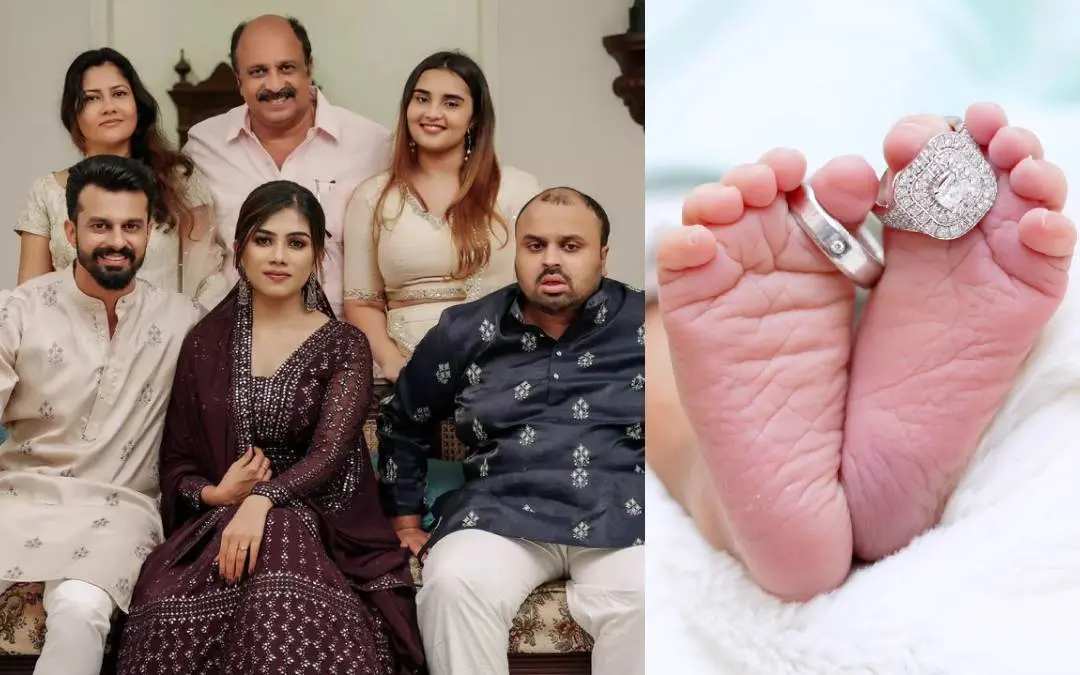 Actor Siddique and his family, post shared by the couple announcing the baby girl's name