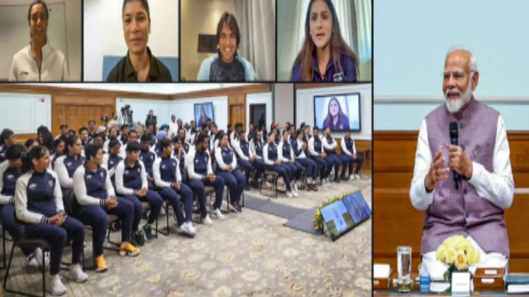 Prime Minister Narendra Modi interacts with the Indian contingent heading for the upcoming Paris Olympics. (PTI Photo)
