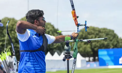India's archer Dhiraj Bommadevara competes during the ranking round of men's archery event at the Paris 2024 Olympics, in Paris on Thursday. (PTI Photo/Ravi Choudhary)