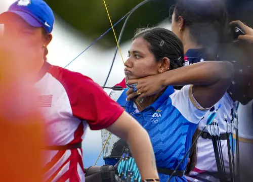 India's archer Ankita Bhakat during women's individual ranking round at the Summer Olympics 2024, at Gardens of Les Invalides, in Paris. | Photo: PTI