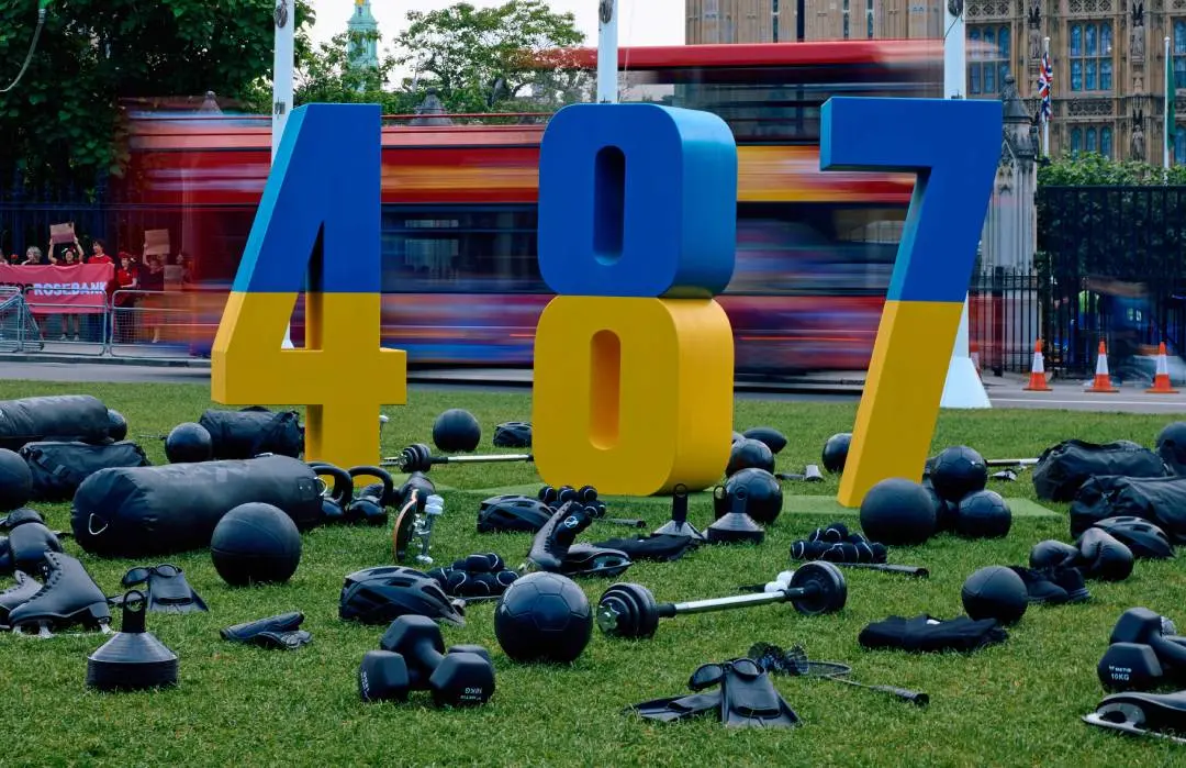An installation in London paying tribute to the Ukrainian athletes who have lost their lives due to the 2022 invasion of Ukraine by Russia.