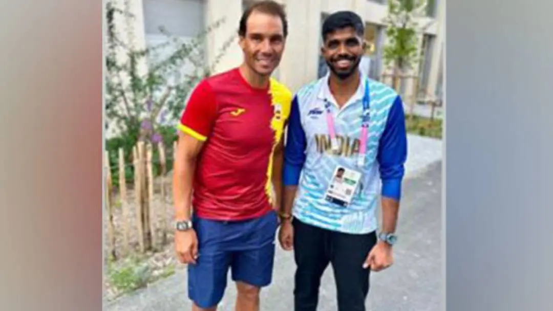 Satwiksairaj Rankireddy poses with Rafael Nadal in Paris. | Photo Courtesy: Instagram