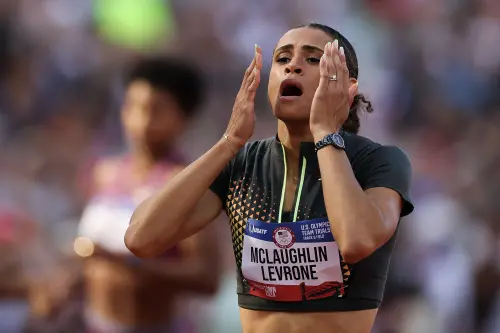 Sydney McLaughlin-Levrone reacts after setting a new world record in the women's 400 meter hurdles final on Day Ten of the 2024 U.S. Olympic Team Track & Field Trials at Hayward Field in Eugene, Oregon | Photo: AFP