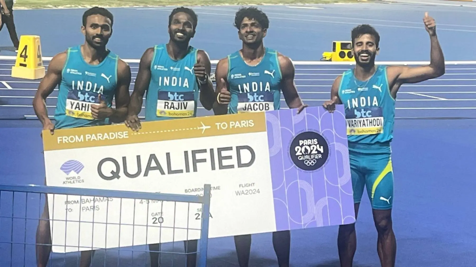 Indian men's 4x400m relay team comprising of Muhammad Anas, Yahiya, Muhammad Ajmal, Arokia Rajiv and Amos Jacob, qualified for Paris Olympics as they finished 2nd in Olympic Games qualification. I Photo: Athletics Federation of India