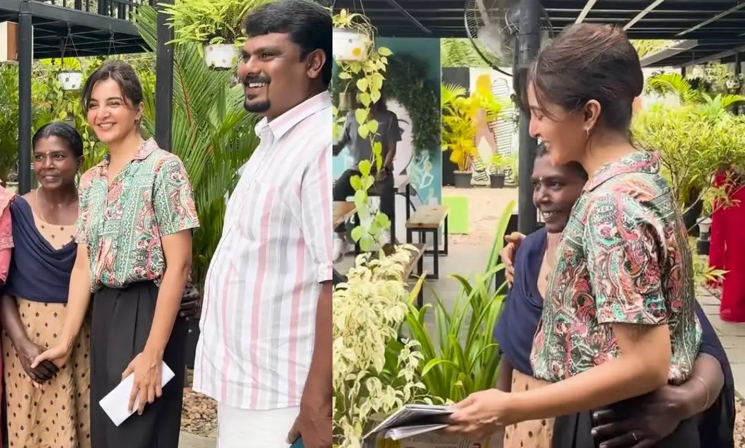 Manju Warrier with Geetha, Village panchayat member Jithesh Kumar nearby