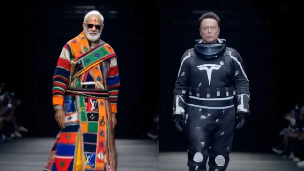 Narendra Modi (L) and Elon Musk (R), screengrab of the AI fashion show