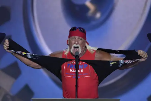 Hulk Hogan tears off his shirt while speaking on the final night of the Republican National Convention on Thursday, July 18, 2024, in Milwaukee. | Photo: AP/PTI