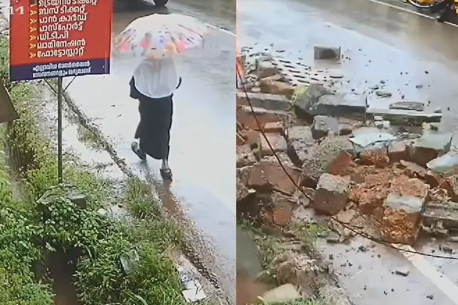 Watch | Narrow escape for pedestrian woman as compound wall collapses in Kannur