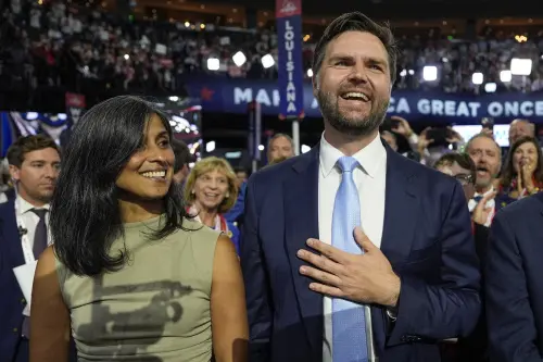 Republican vice presidential candidate Sen. JD Vance, R-Ohio, and his wife Usha Chilukuri Vance