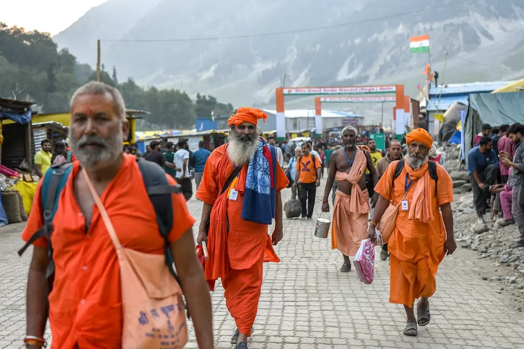 Sadhus leave for the Amarnath Yatra, in Baltal | Photo: ANI